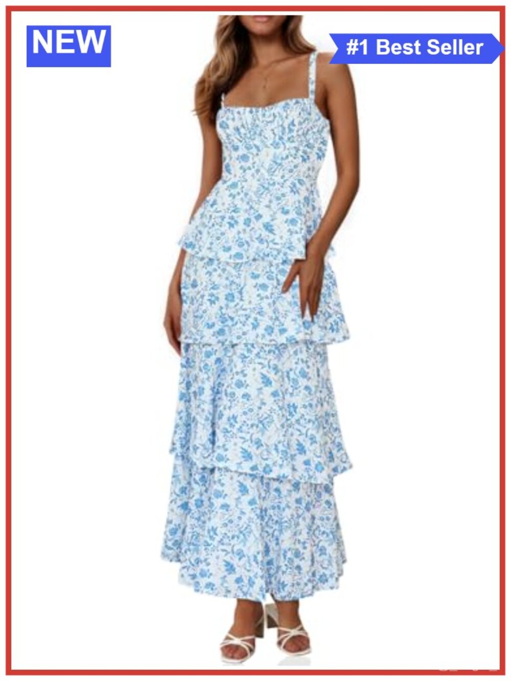 Flowy Ruffle Tiered Maxi Dress with Tie Back, Sleeveless Square Neck